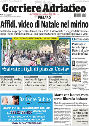 Prima pagina Corriere Adriatico (Pesaro) di oggi - Quotidiano regionale