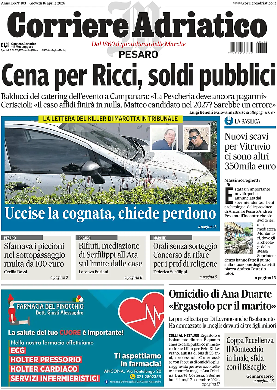 Prima pagina Corriere Adriatico (Pesaro) di oggi - Edicola 16 Aprile 2026