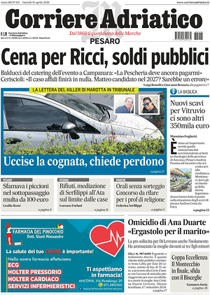 Prima pagina Corriere Adriatico (Pesaro) di oggi - Quotidiano regionale