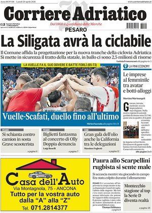 Prima pagina Corriere Adriatico (Pesaro) di oggi - Quotidiano regionale