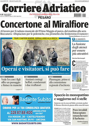 Prima pagina Corriere Adriatico (Pesaro) di oggi - Quotidiano regionale