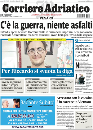 Prima pagina Corriere Adriatico (Pesaro) di oggi - Quotidiano regionale