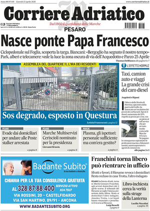 Prima pagina Corriere Adriatico (Pesaro) di oggi - Quotidiano regionale