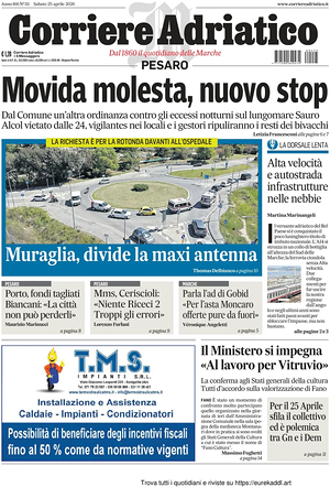 Prima pagina Corriere Adriatico (Pesaro) di oggi - Quotidiano regionale