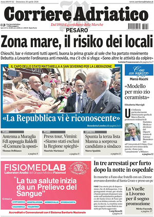 Prima pagina Corriere Adriatico (Pesaro) di oggi - Quotidiano regionale