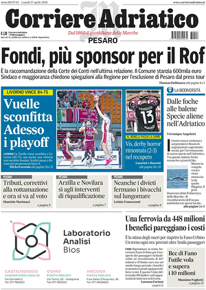 Prima pagina Corriere Adriatico (Pesaro) di oggi - Quotidiano regionale