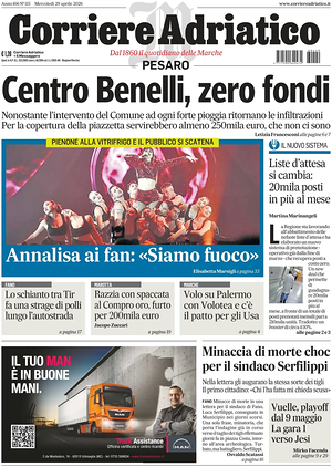 Prima pagina Corriere Adriatico (Pesaro) di oggi - Quotidiano regionale