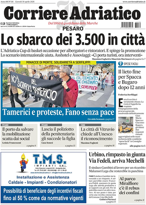 Prima pagina Corriere Adriatico (Pesaro) di oggi - Quotidiano regionale