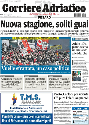 Prima pagina Corriere Adriatico (Pesaro) di oggi - Quotidiano regionale