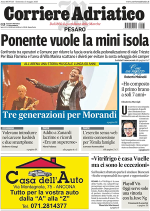 Prima pagina Corriere Adriatico (Pesaro) di oggi - Quotidiano regionale