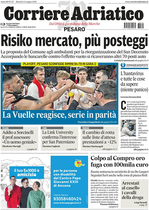 Prima pagina Corriere Adriatico (Pesaro) di oggi - Quotidiano regionale