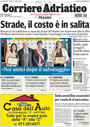 Prima pagina Corriere Adriatico (Pesaro) di oggi - Quotidiano regionale