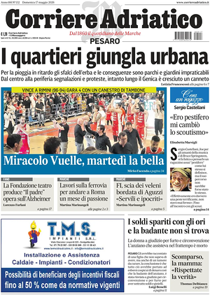 Prima pagina Corriere Adriatico (Pesaro) di oggi - Quotidiano regionale