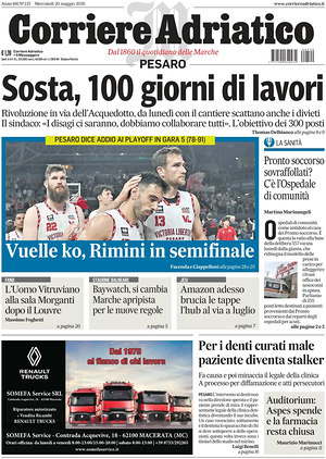 Prima pagina Corriere Adriatico (Pesaro) di oggi - Quotidiano regionale