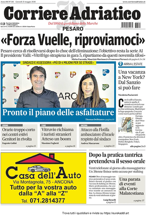 Prima pagina Corriere Adriatico (Pesaro) di oggi - Quotidiano regionale