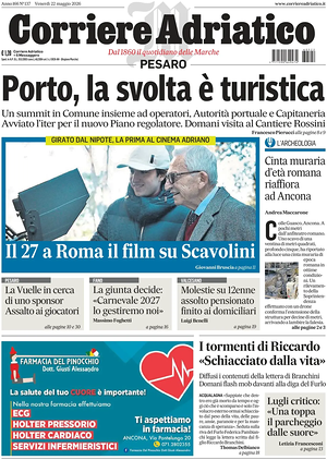 Prima pagina Corriere Adriatico (Pesaro) di oggi - Quotidiano regionale