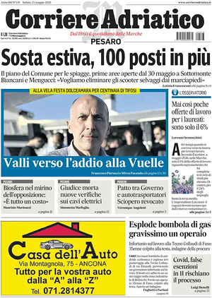 Prima pagina Corriere Adriatico (Pesaro) di oggi - Quotidiano regionale