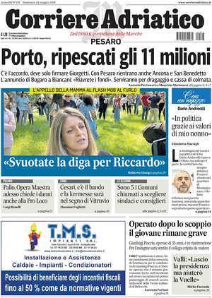 Prima pagina Corriere Adriatico (Pesaro) di oggi - Quotidiano regionale