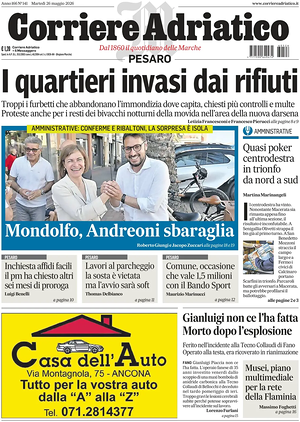 Prima pagina Corriere Adriatico (Pesaro) di oggi - Quotidiano regionale
