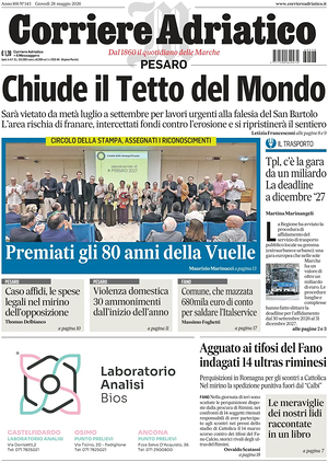 Prima pagina Corriere Adriatico (Pesaro) di oggi - Quotidiano regionale