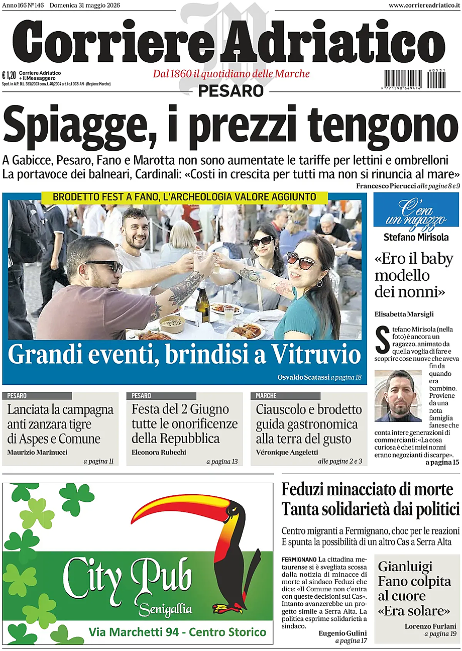 Prima pagina Corriere Adriatico (Pesaro) di oggi - Edicola 31 Maggio 2026