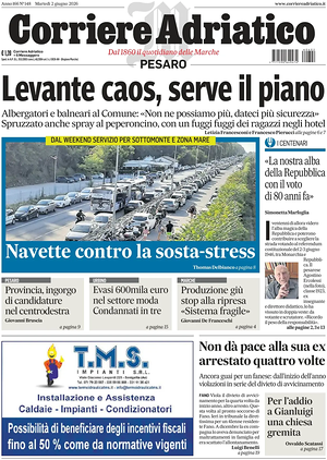 Prima pagina Corriere Adriatico (Pesaro) di oggi - Quotidiano regionale