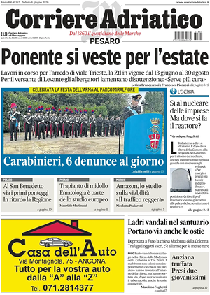 Prima pagina Corriere Adriatico (Pesaro) di oggi - Quotidiano regionale
