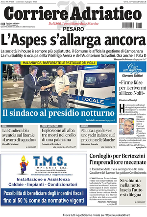 Prima pagina Corriere Adriatico (Pesaro) di oggi - Quotidiano regionale