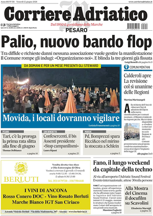 Prima pagina Corriere Adriatico (Pesaro) di oggi - Quotidiano regionale