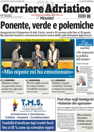 Prima pagina Corriere Adriatico (Pesaro) di oggi - Quotidiano regionale