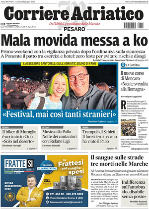 Prima pagina Corriere Adriatico (Pesaro) di oggi - Quotidiano regionale