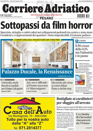 Prima pagina Corriere Adriatico (Pesaro) di oggi - Quotidiano regionale