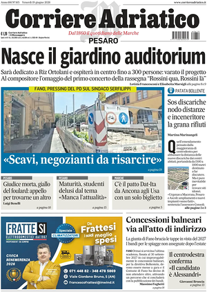 Prima pagina Corriere Adriatico (Pesaro) di oggi - Quotidiano regionale