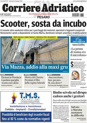 Prima pagina Corriere Adriatico (Pesaro) di oggi - Quotidiano regionale