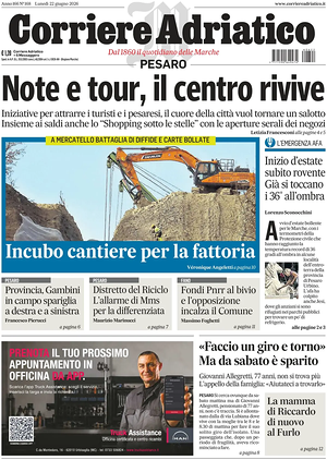 Prima pagina Corriere Adriatico (Pesaro) di oggi - Quotidiano regionale