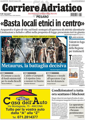 Prima pagina Corriere Adriatico (Pesaro) di oggi - Quotidiano regionale