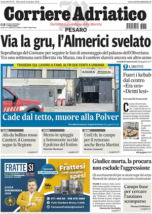 Prima pagina Corriere Adriatico (Pesaro) di oggi - Quotidiano regionale