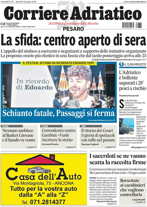 Prima pagina Corriere Adriatico (Pesaro) di oggi - Quotidiano regionale