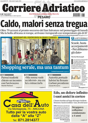 Prima pagina Corriere Adriatico (Pesaro) di oggi - Quotidiano regionale