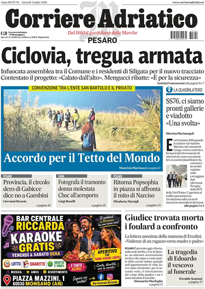 Prima pagina Corriere Adriatico (Pesaro) di oggi - Quotidiano regionale