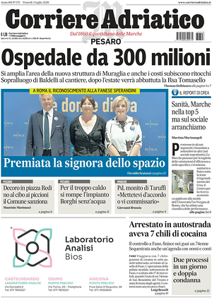 Prima pagina Corriere Adriatico (Pesaro) di oggi - Quotidiano regionale
