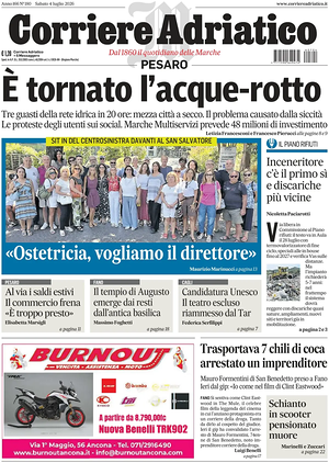 Prima pagina Corriere Adriatico (Pesaro) di oggi - Quotidiano regionale