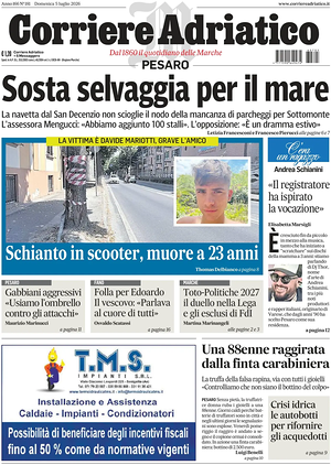 Prima pagina Corriere Adriatico (Pesaro) di oggi - Quotidiano regionale