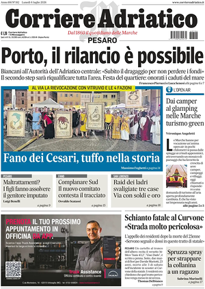 Prima pagina Corriere Adriatico (Pesaro) di oggi - Quotidiano regionale