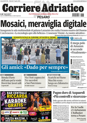 Prima pagina Corriere Adriatico (Pesaro) di oggi - Quotidiano regionale