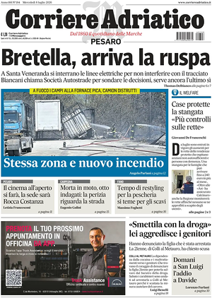 Prima pagina Corriere Adriatico (Pesaro) di oggi - Quotidiano regionale