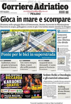 Prima pagina Corriere Adriatico (Pesaro) di oggi - Quotidiano regionale