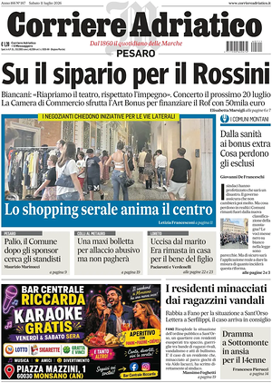 Prima pagina Corriere Adriatico (Pesaro) di oggi - Quotidiano regionale