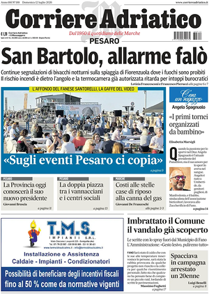Prima pagina Corriere Adriatico (Pesaro) di oggi - Quotidiano regionale
