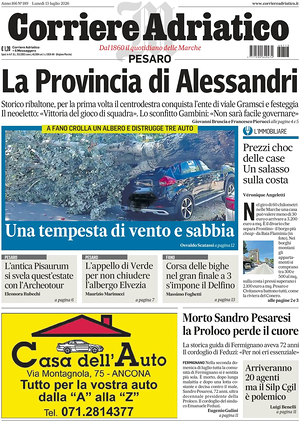 Prima pagina Corriere Adriatico (Pesaro) di oggi - Quotidiano regionale